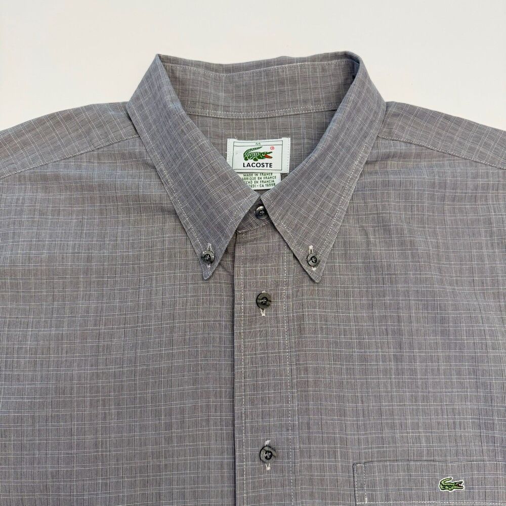 Lacoste Shirt Men XL Gray Check Crocodile Pocket Button Up Preppy Office